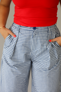 Woman wearing a navy and white plaid print pants that have a high waist, pleated details, functional pockets on either side, and a professional fit indoors against a white wall. The photo shows a closeup of the waistline, with its button and zipper closures. The models hands are in the pockets on either side. 