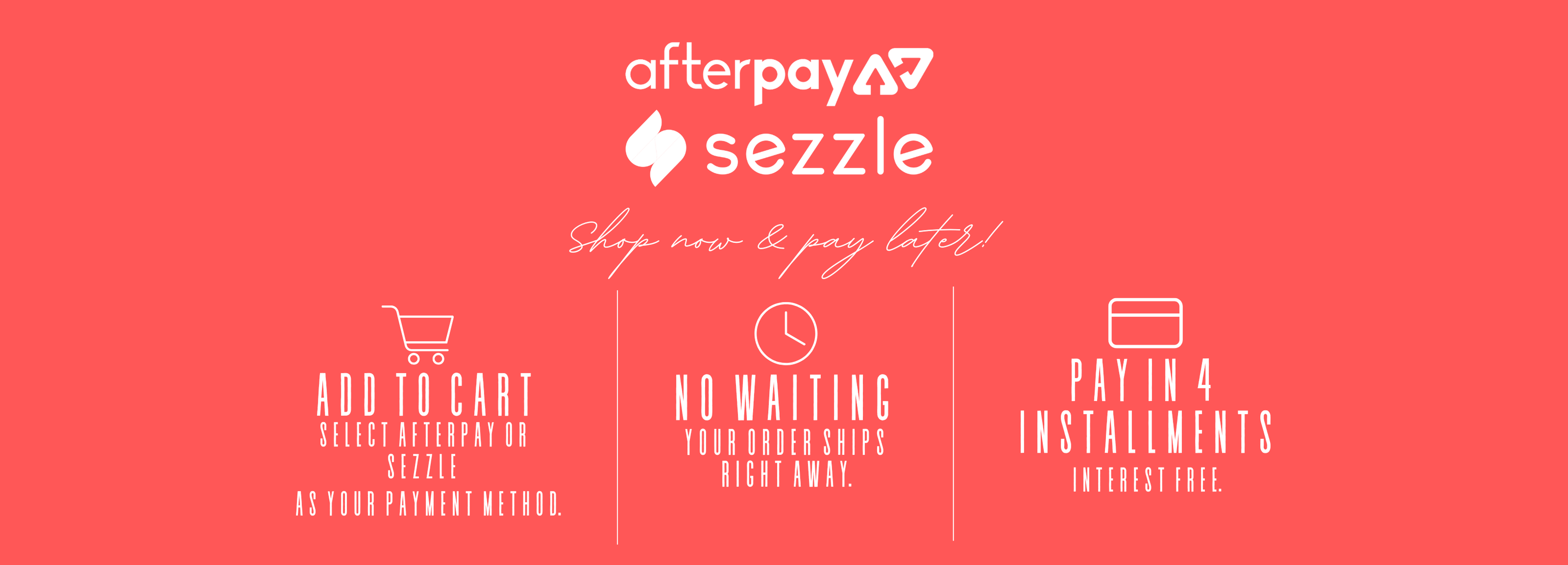 Afterpay and Sezzle logos on a coral background with text and icons.