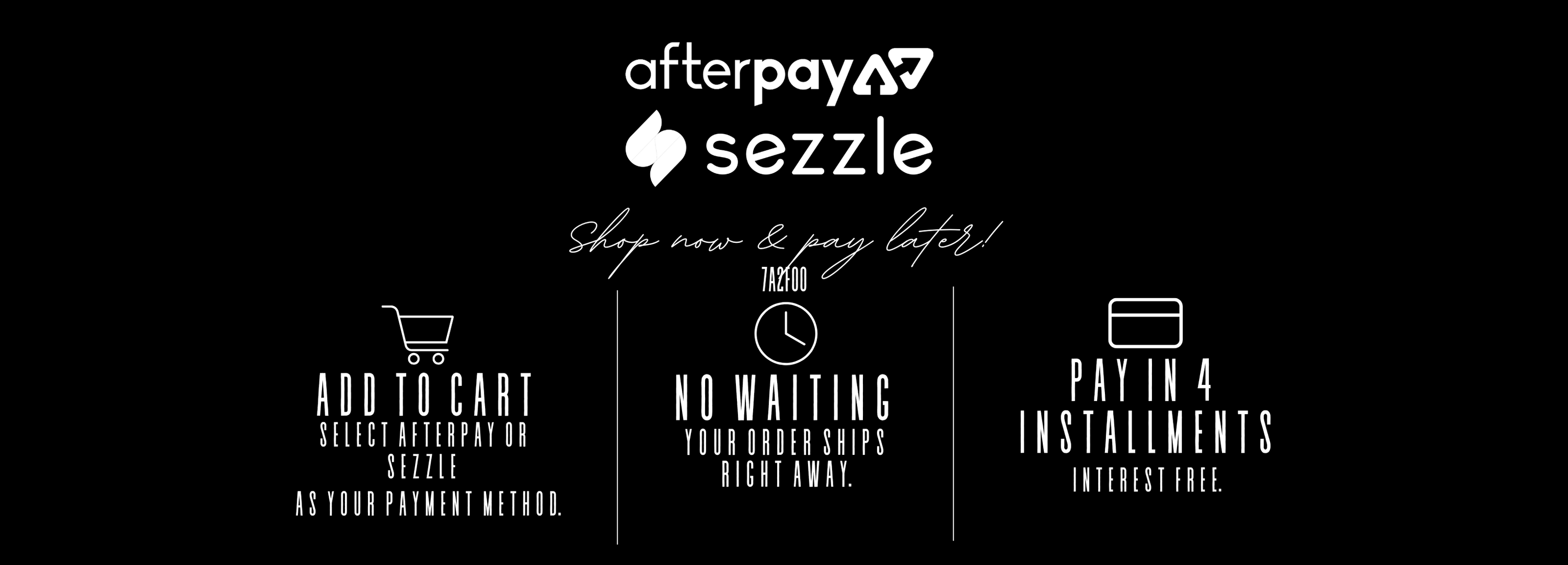 Afterpay and Sezzle logos with text and icons on a black background