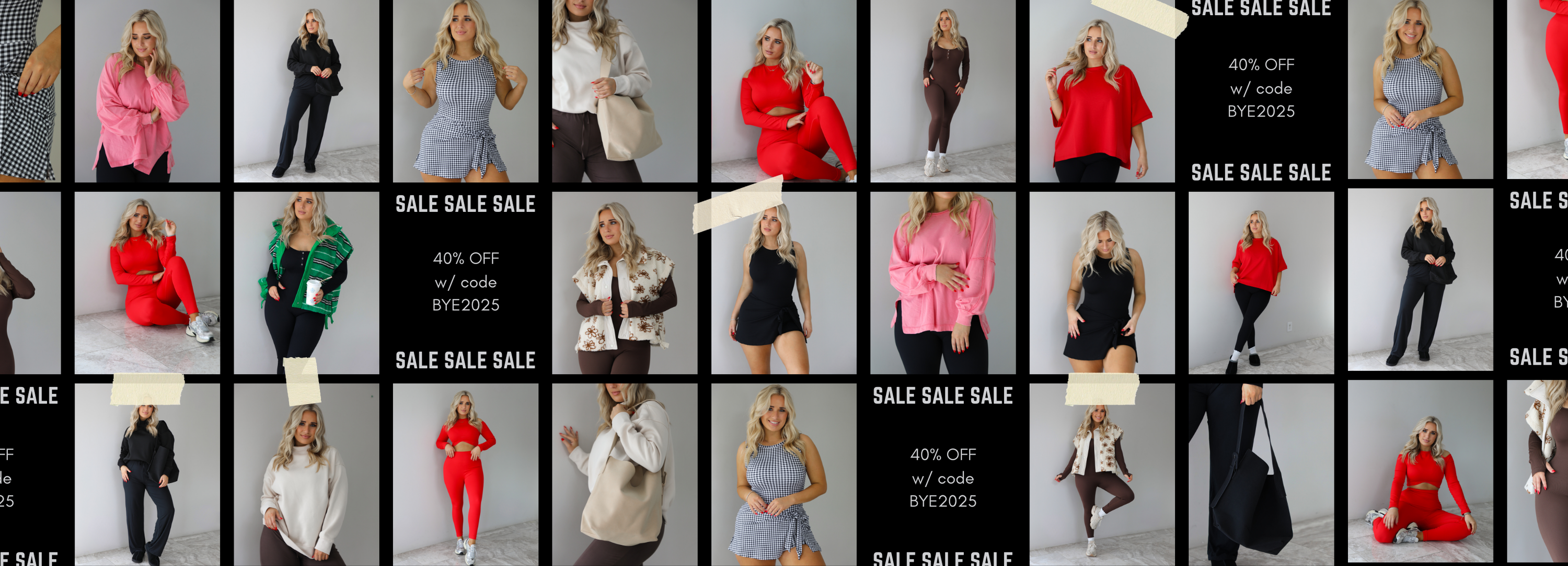 Grid of fashion models wearing various outfits on a black background with the text "SALE" repeating and the text "40% off w/ code bye2025" repeating.
