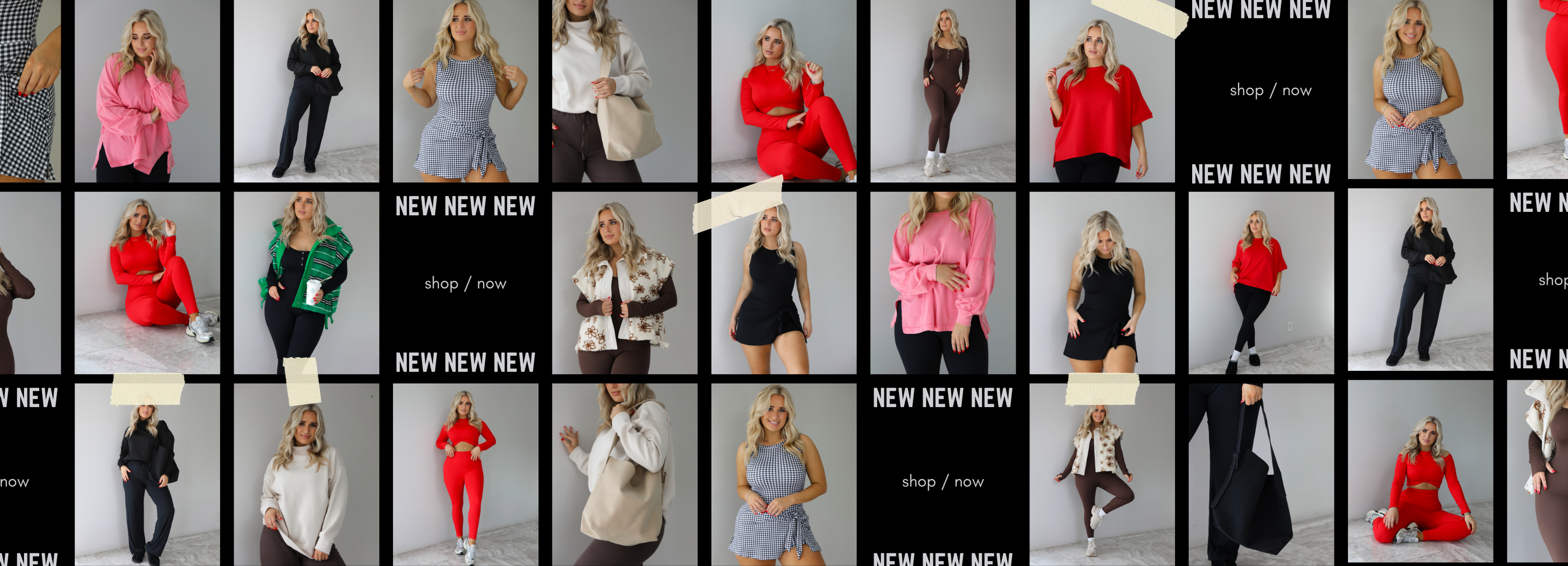 Grid of fashion models wearing various outfits with 'NEW NEW' text overlay.