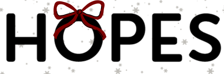 The boutique's name HOPES in black lettering against a white background with grey snowflake details, and a red bow over the O.