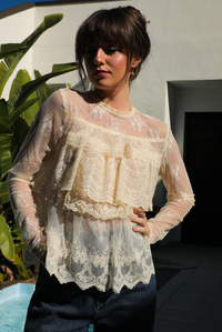 Woman model wearing a cream lace top and dark denim jeans outdoors against greenery and a water feature. 