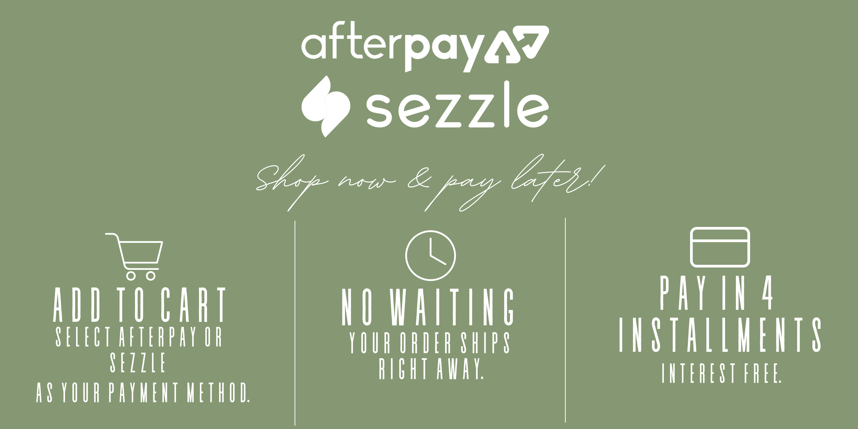 Promotional graphic for Afterpay and Sezzle on a green background.