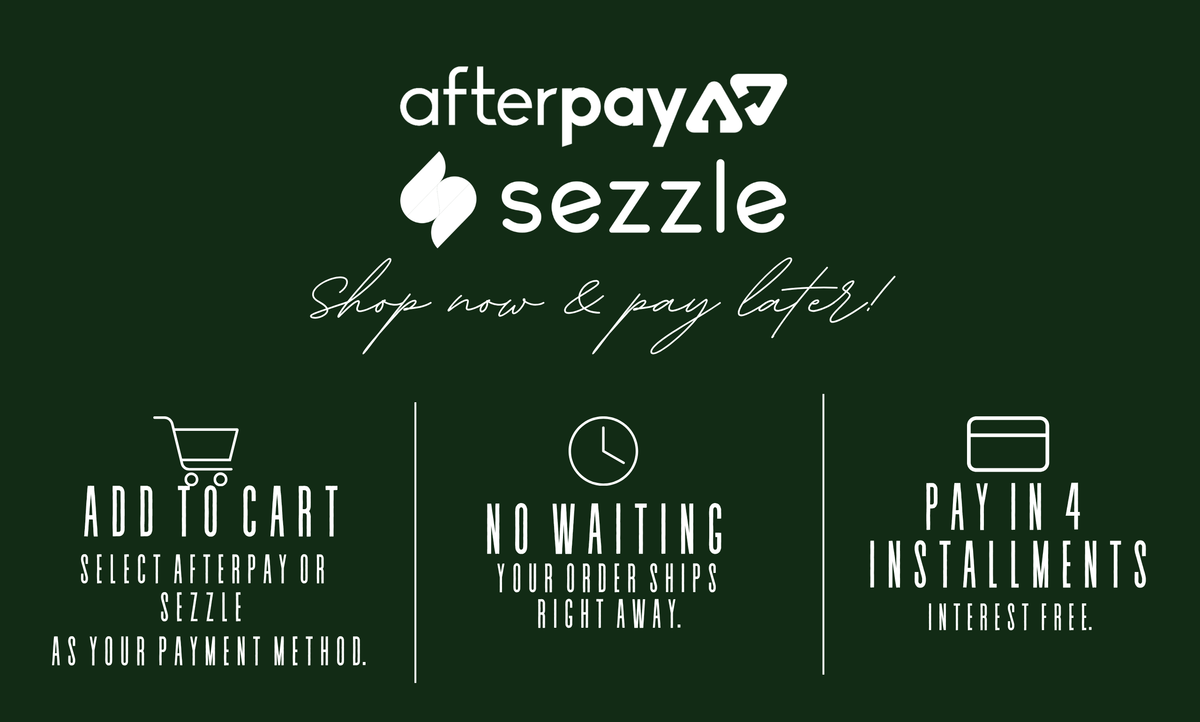 Promotional graphic for Afterpay and Sezzle payment services on a solid green background, with white text and icons explaining how customers can add to cart, ship right away, and pay in 4 installments.