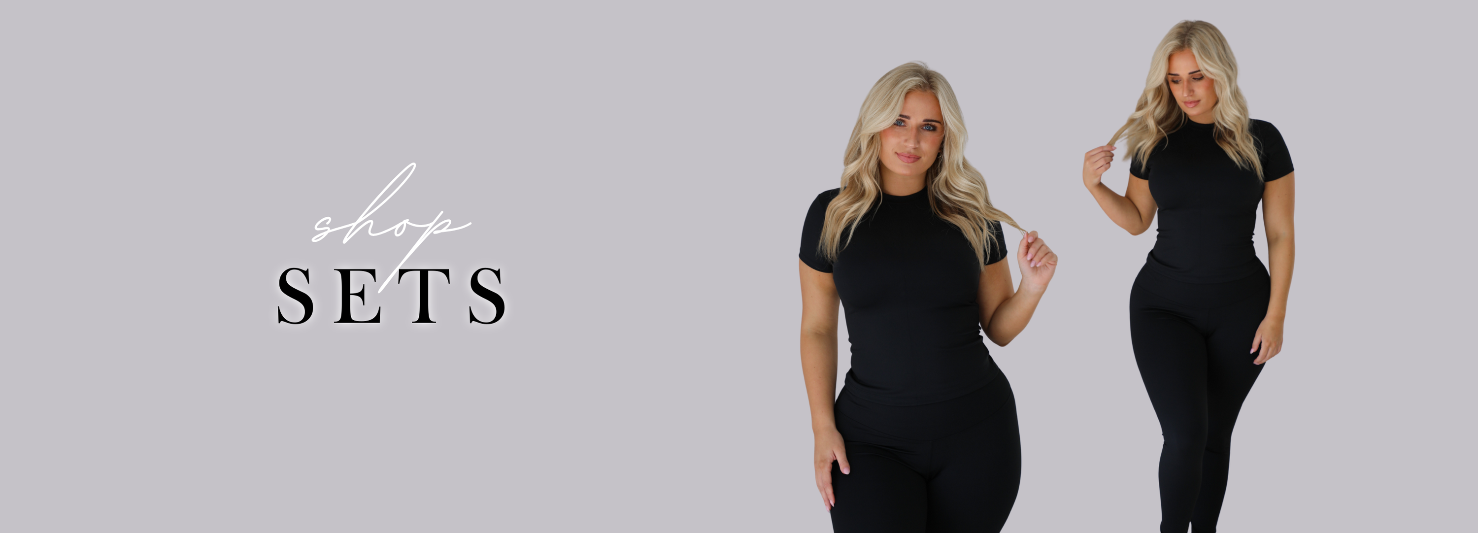 Woman wearing a black set with text 'shop SETS' on a gray background. The photo has two photos of the same woman, one showing the full outfit and another that's a close up version that focuses on the top and upper part of the pants.