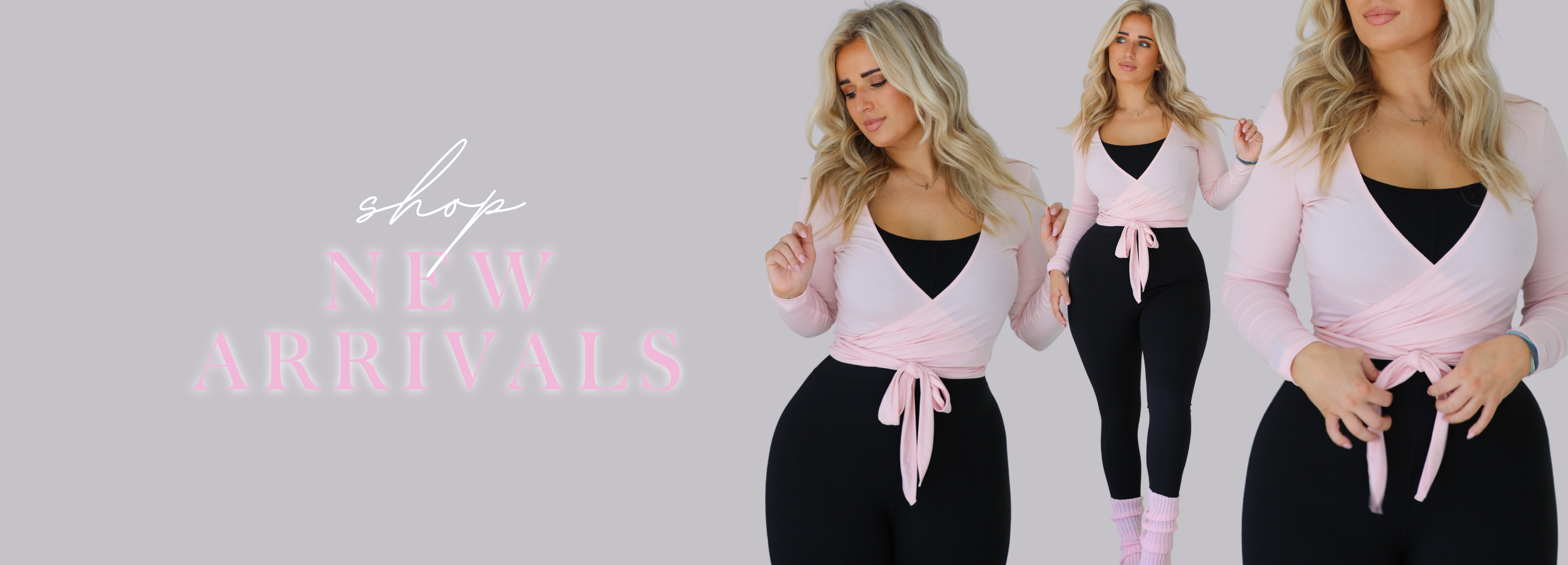 Woman wearing a pink cardigan and black pants with a 'shop new arrivals' text overlay.